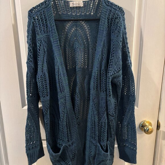 Grace and Lace Dragonfly Oversized Blue/Green Open Front Cardigan Sweater ~ L/XL - Picture 1 of 5